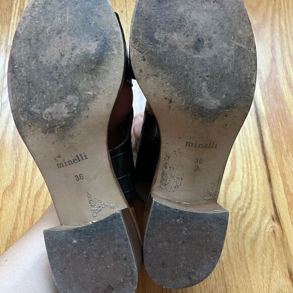 Minelli Block Heel Sandals Size 36 Black Crocodile Leather Cross Strap Peep Toe - Picture 8 of 8